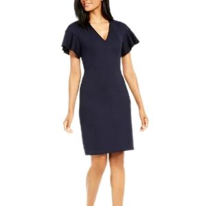 Elie Tahari Geraldine flutter sleeve V-neck sheath dress Navy Blue Size 6 Small
